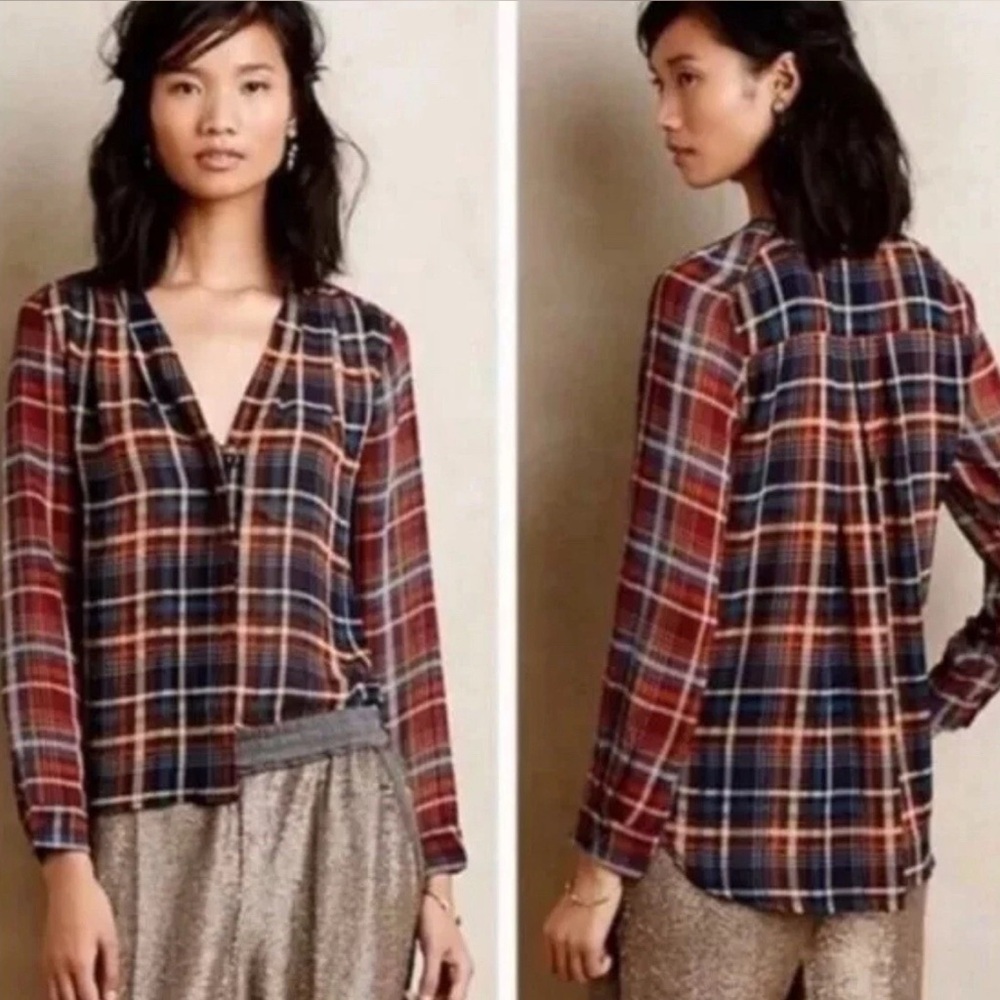Anthropologie Maeve Sheer Plaid Printed Long Sleeve Blouse V-neck Size Small EUC